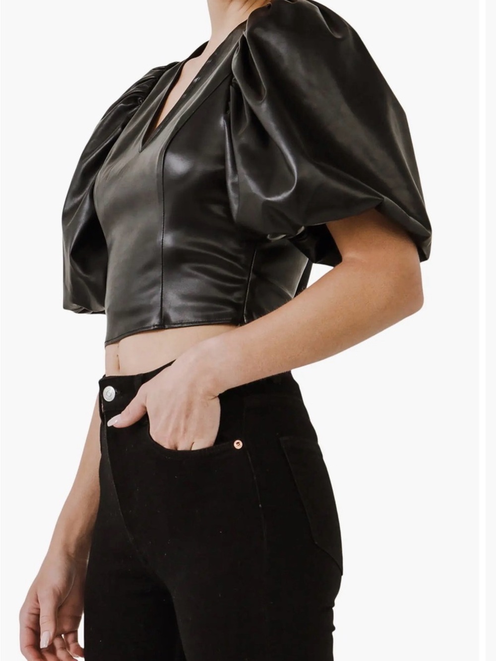 Endless Rose Black Faux Leather Puff Sleeve Crop Top